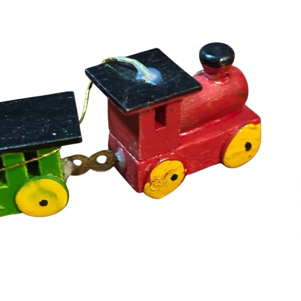 vintage painted wooden train christmas ornament Hand Painted 5” Taiwan